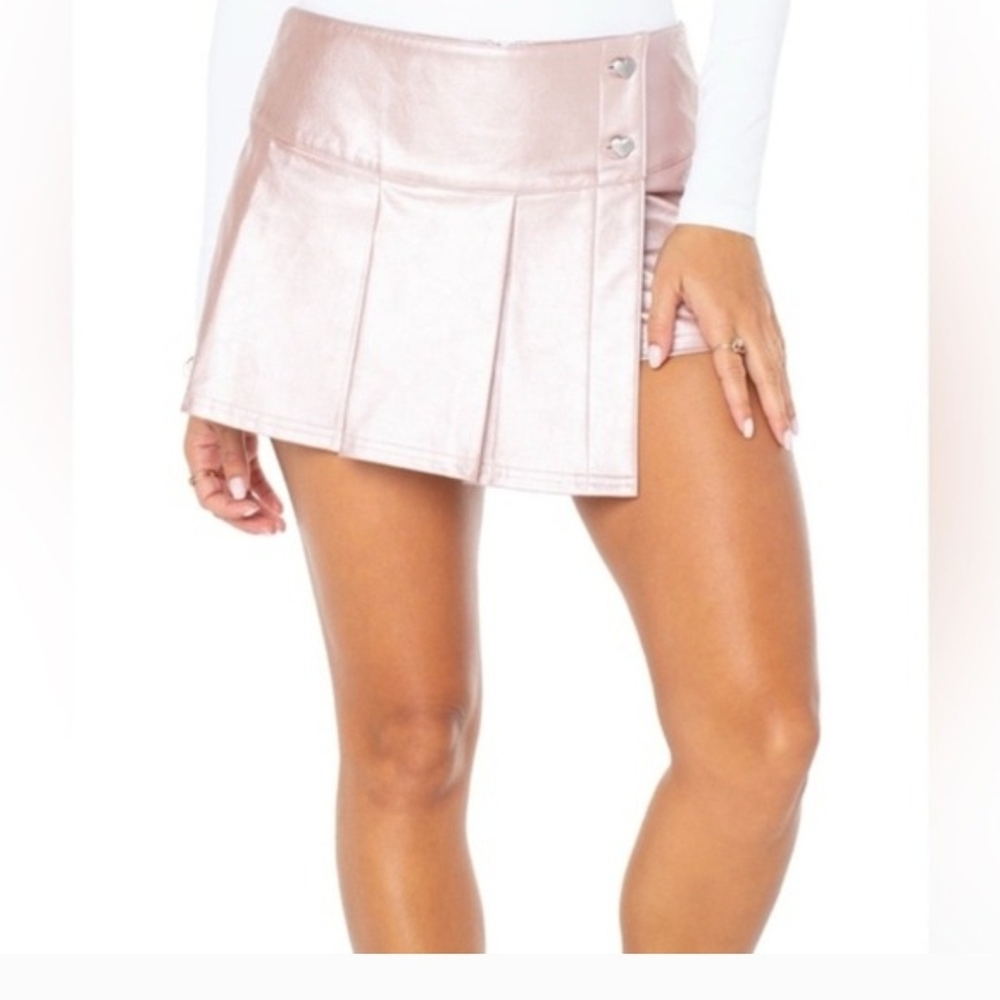 Metallic Rose Pleated Mini Skirt with Decorative Buttons